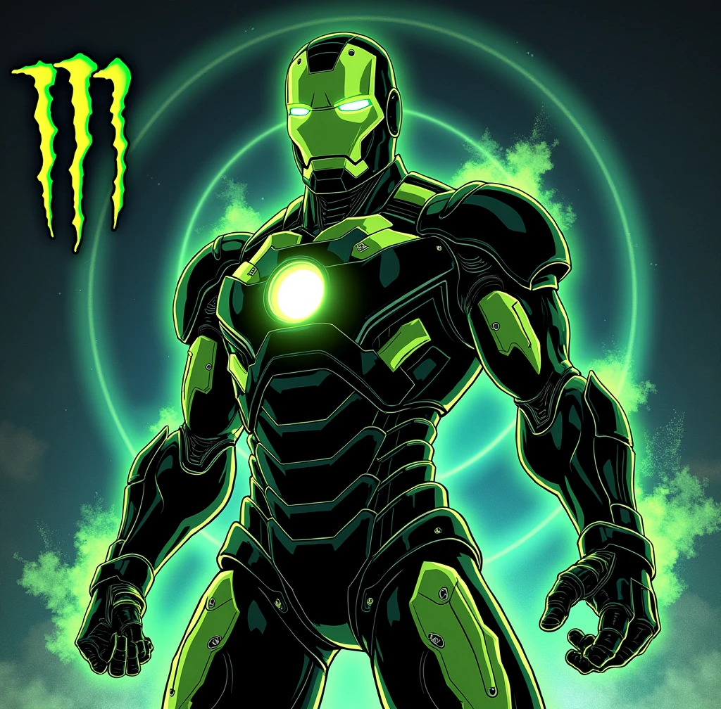 manga comic cartoon of a  fluorescent green-black color iron man , add monster energy logo , and add the text ¨Rick D´Angle ¨ to the image , totaly night view photo with ultra open wide lens photo technic