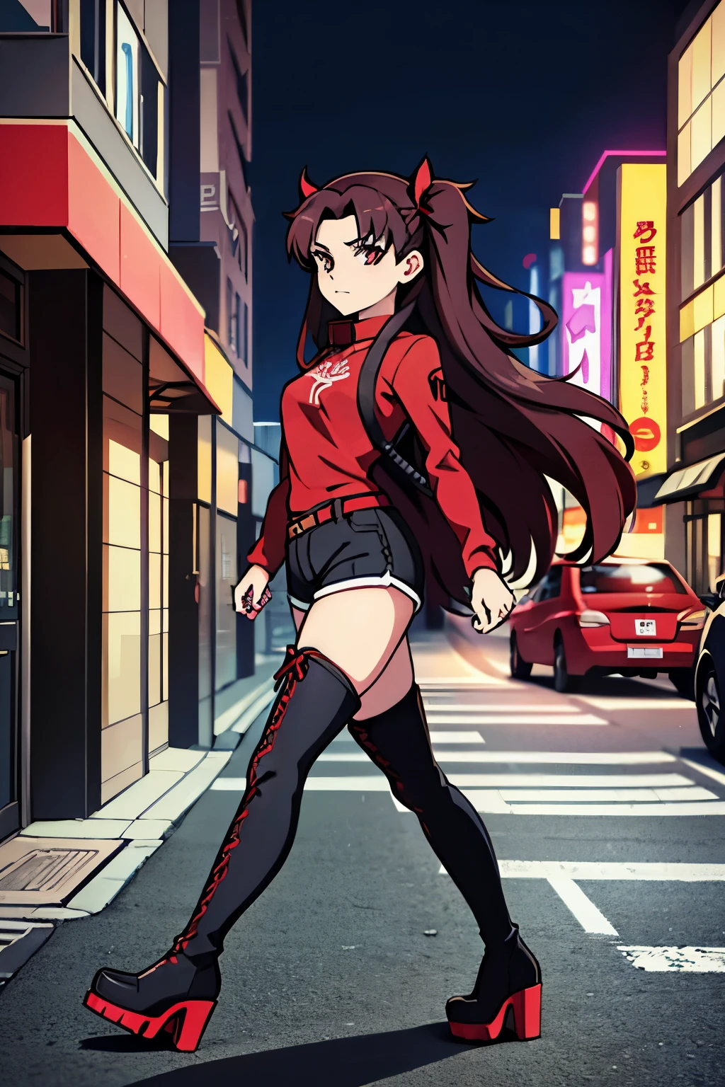 Rin Tohsaka, anime girl, shorts, shirt, boots, platform boots, thigh boots, black boots, high heels, street, city, walking