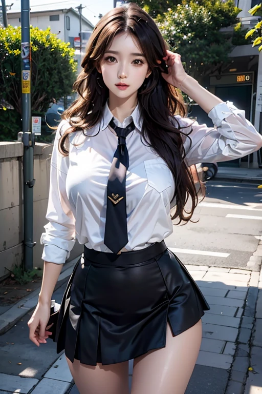 photorealistic, high resolution, 1women, mature female, solo, hips up, look at viewer, (detailed face), wavy hair, long hair, school uniform, mini skirt