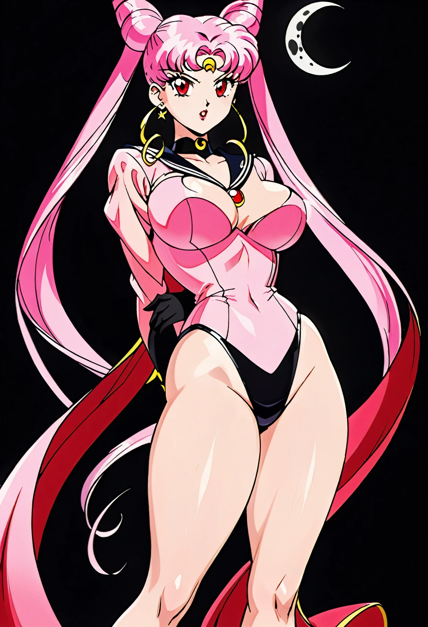 Wicked Lady from Sailor Moon, pink hair, red eyes, black background, black half moon mark on forehead, standing, contrapposto, thick thighs, large breasts, arms behind back, 
