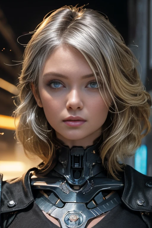 Close-up of woman in black and blue dress, Highly detailed digital art in 4K, 4K Detailed Digital Art, リアルなDigital Art 4K, リアルなDigital Art 4K, Amazing digital illustrations, Beautiful SF girl, SF Women, Digital Art 4K, Portrait of a cyberpunk girl, Beautiful cyberpunk girl face, Epic portrait illustration, (Blonde, silver eyes:1.4)