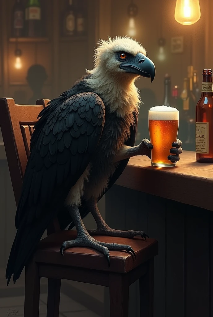Drawing of a vulture drinking beer on a bar chair