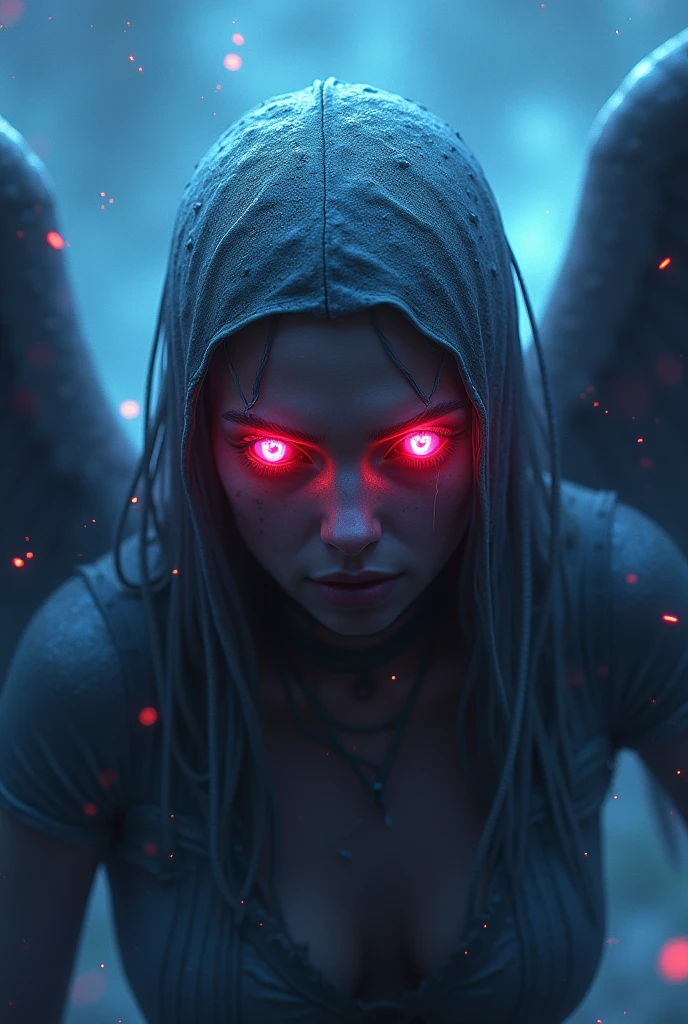Cosmic Fallen Angel, glowing light eyes, Biomechanical, eerie, Creepy, nightmarish, Very bright colors, Light particles, with light glowing, Mshiff, wallpaper art, UHD wallpaper, cinematic styles, cinematic lights