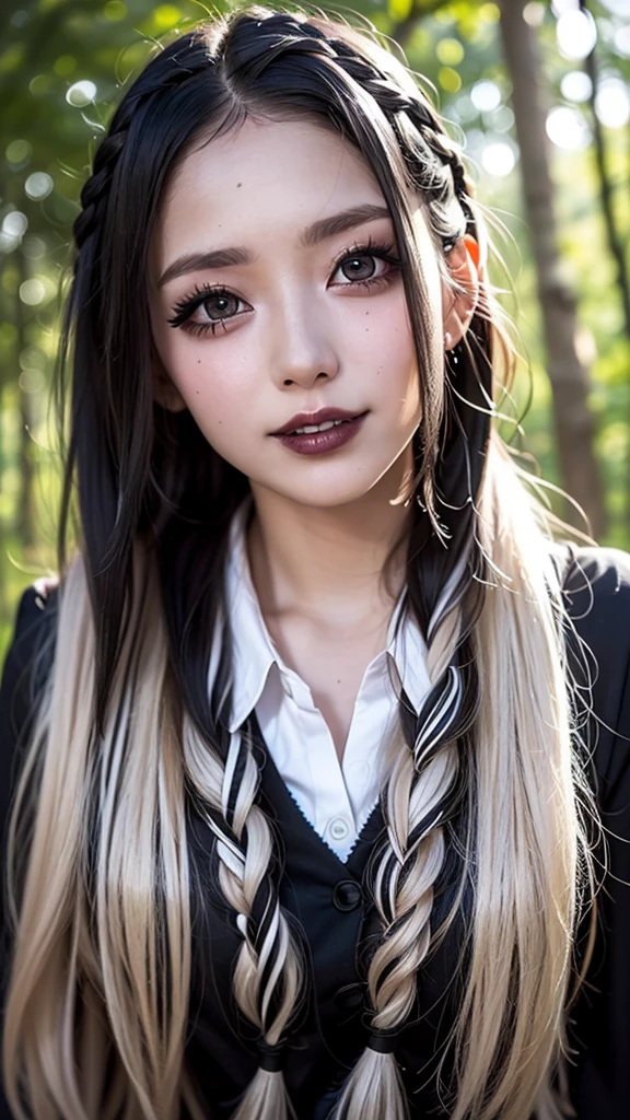 Realistic, masterpiece, Highest quality, Highest Resolution, Attention to detail, Soft Light, Professional Lighting, Backlight, Film Grain, The background is blurred, Japanese , (The subject was photographed from below at an angle, The subject is not looking at the camera:1.3), , Upper body photo, Looks sleepy, inattention, Grin, Open your mouth, Beautiful and detailed eye drawing, (Droopy eyes:1.3), Dark Eyes, Thin eyebrows, Draw eyelashes carefully, Eyelash extensions, Gal Makeup, Orange Cheeks, (Black and white wavy hair, Long Hair, Braiding, middle part:1.3), (Hidden eyelid wrinkles:1.3), (Gothic Summer School Uniform:1.3), (Summer Forest:1.3)