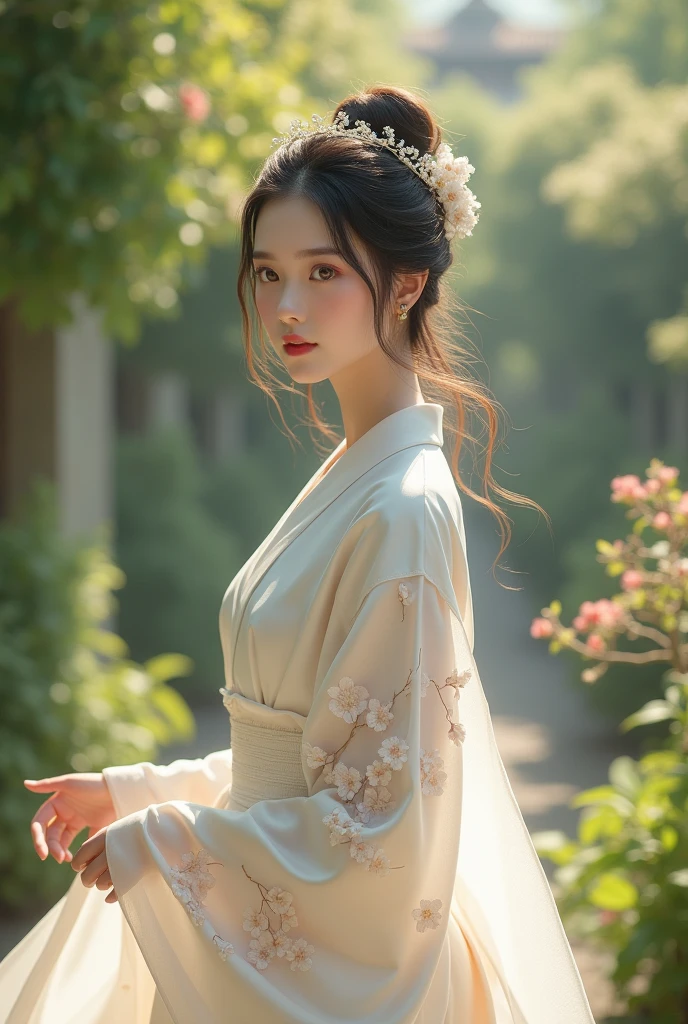 the princess, with her skin as velvety as rose petals and dark brown eyes that looked like two calm lakes, walked through the royal garden. your long black hair, tied in a bun adorned with a pearl tiara, swayed gently in the wind. Dressed in a white silk kimono, cherry blossom embroidery, she displayed an oriental elegance that distinguished her from other princesses