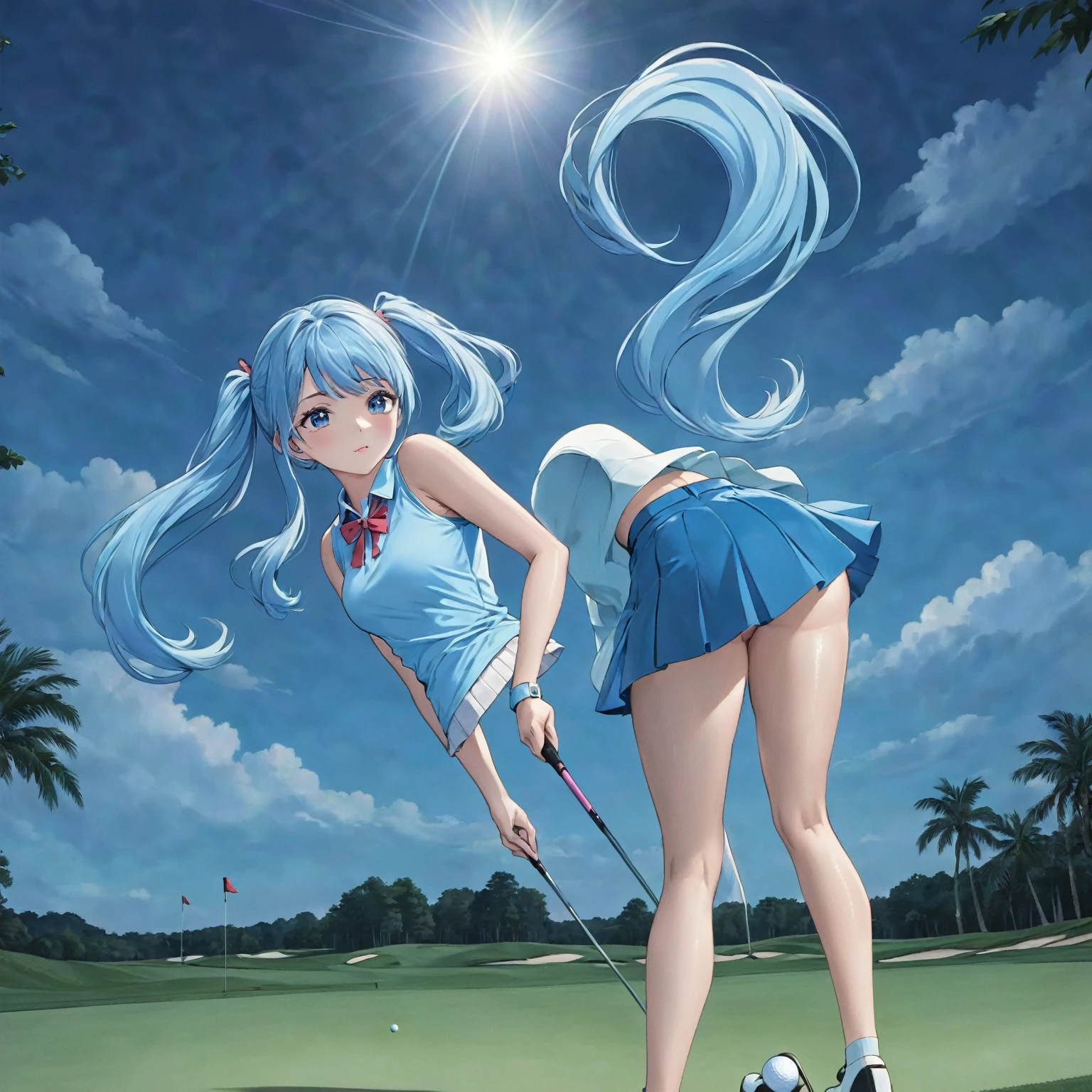 masterpiece, (Textured skin), Highest quality, Gorgeous beautiful,Light blue long hair、Beautiful twin-tailed golfer (Female golf player), Detailed clothing,Tight waist,, (Beautiful Face), During golf play、Cinema Lighting, (At the golf course ),
