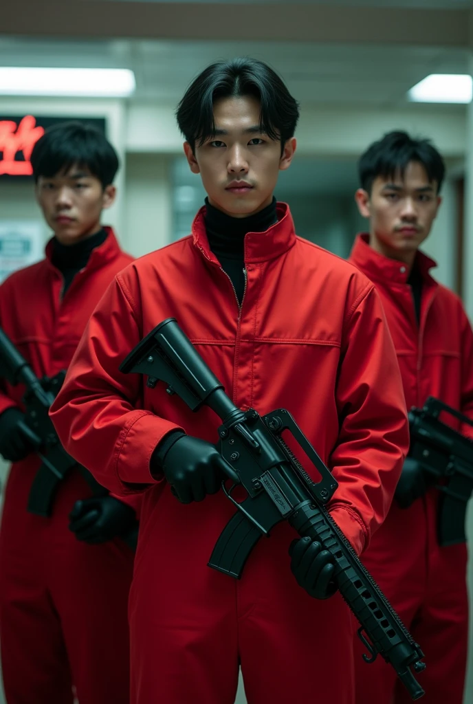 All of them are Japanese handsome guys。All are 20-2。All wearing red jumpsuits。The gloves are black。Criminal Organizations。Terrorist organization。Armament。3 people。Spree。Violent bank robbers。I'm robbing a bank.。Everyone has a gun or a rifle。Hold your gun here。The image quality is 8K。