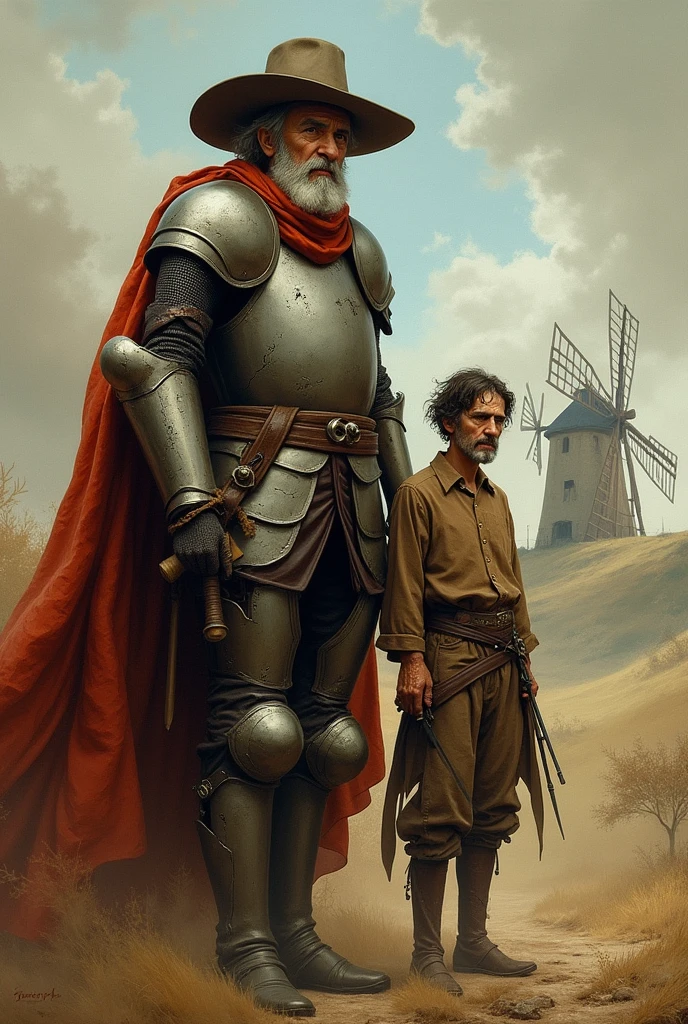 Drawing of the madness and reality of Don Quixote and Sancho Panza