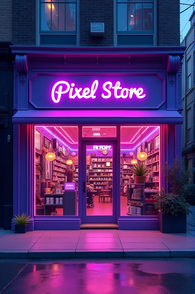 Create a themed photo of a store called Pixel store that is purple in color and has the name Pixel Store clearly highlighted and that its name is as legible as possible and as attractive as possible.