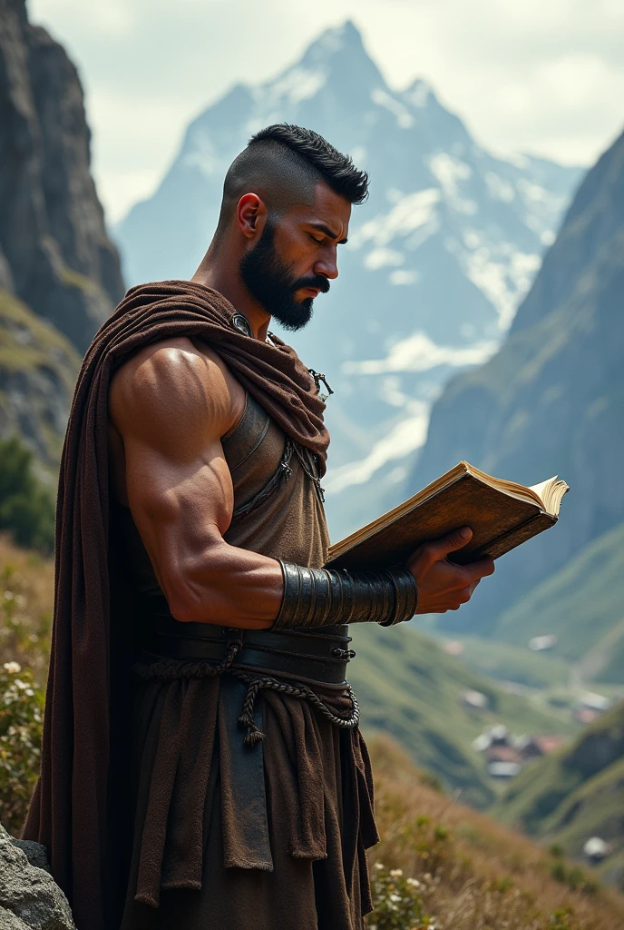 Bronze age man with short hair on top and short sides warrior reading the Bible among the mountains