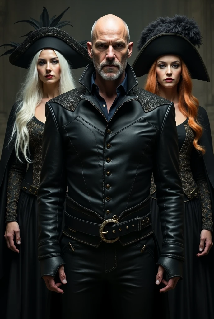 A 40-year-old bald man dressed in black leather, Behind a 3 woman with white hair, another blonde-haired woman and another dark-haired woman taller than the others,  dressed as musketeers 