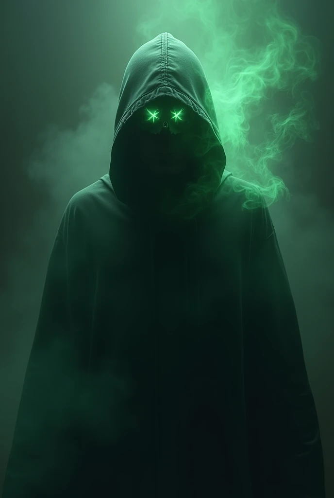 (photorealism:1.2), dark phantasy setting, man in hood, hood hides face, shadow on face, mask on face, green enlighten smoke from eyes, dark atmosphere, gloomy atmosphere, black and dark green colors