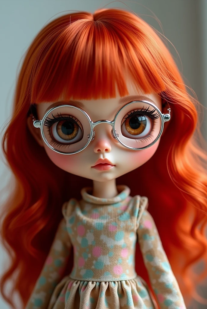 Create a Blythe Doll with wavy hair painted dark RED on the shoulders, round silver glasses on the face, eyes open Hazel, without bangs
