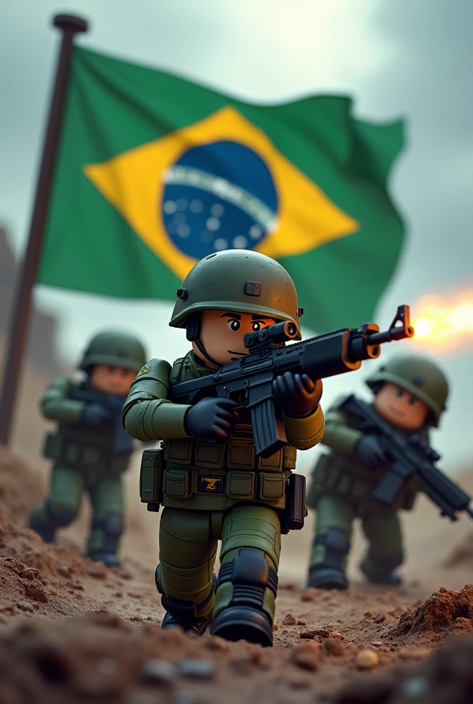 Make a photo of Roblox military with gun with car and a Brazilian flag in the background in turbulence in front of Davi&#39;s Brazilian army  