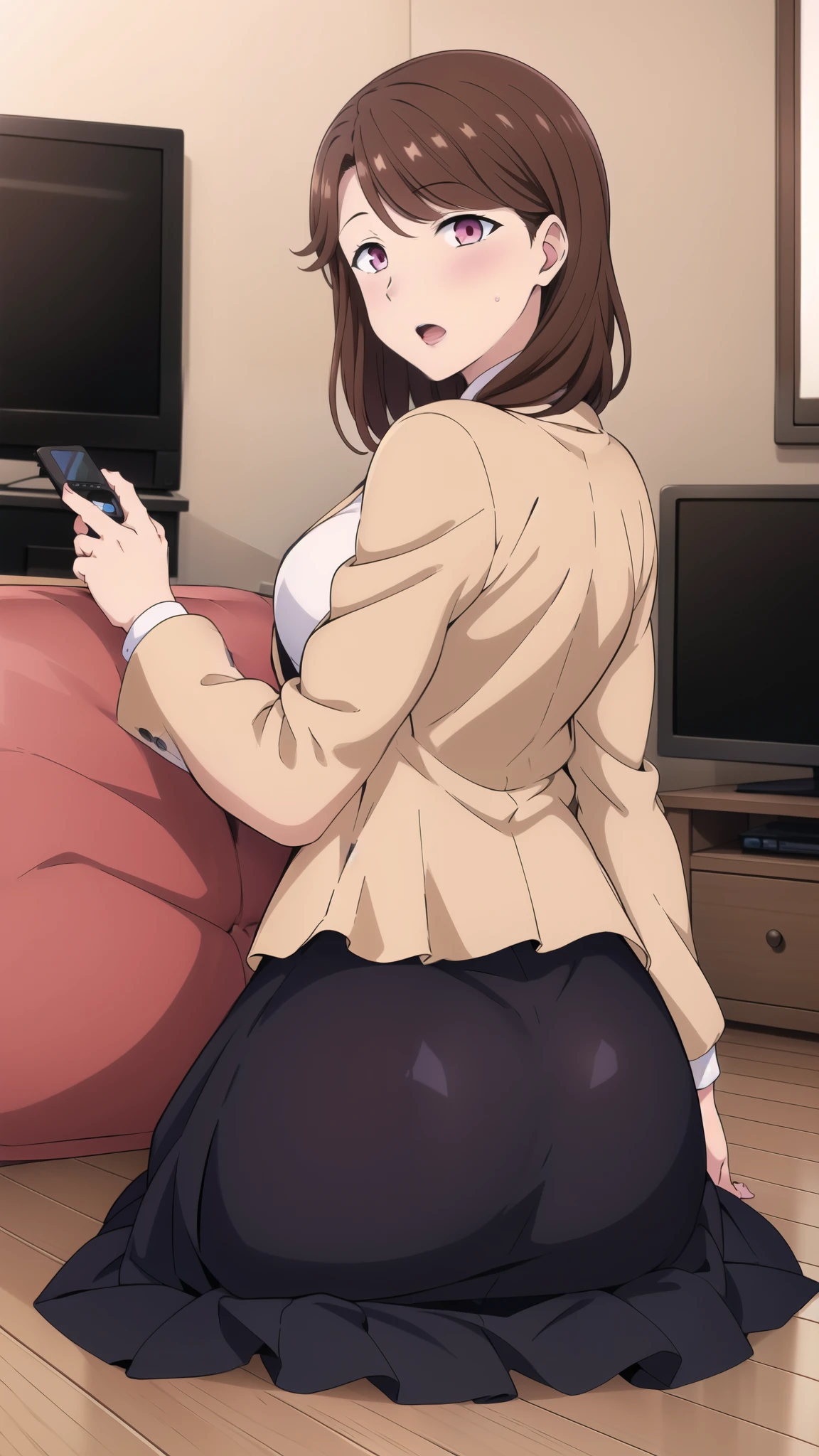 from behind, 1girl, television, ((long skirt)), pink  eyes, brown hair, solo, breasts, couch, sitting, remote control, open mouth, large breasts, indoors, looking at viewer, purple skirt, long skirt, white shirt, medium hair, controller, , beige jacket, cardinan, wooden floor, looking back , official art, , remely detailed CG unity 8k wallpaper, Colorful, (masterpiece:1.0), (best_quality:1.0), ultra high res, 4K, ultra-detailed,
