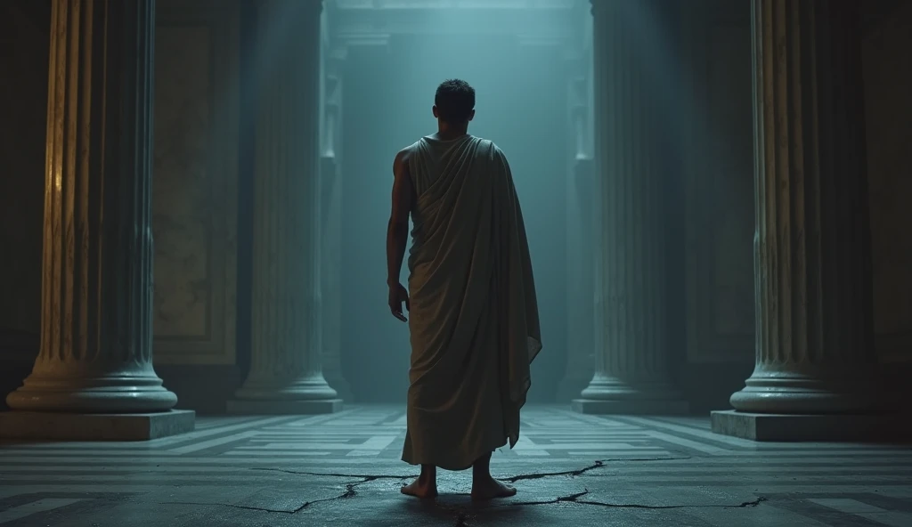 In a 16:9 landscape format, a male Stoic philosopher stands in a grand Roman interior, with the ground subtly cracking beneath him, symbolizing the emotional upheaval of betrayal. Dressed in a classic tunic with shoulder openings, his expression is one of shock and disbelief as he stares into the distance, struggling to process the revelation. The background features dim, cold lighting with towering Doric columns and faint outlines of Roman architecture. The crack under his feet is highlighted by dramatic lighting, emphasizing the instability and emotional turmoil. The image captures the moment his world is shaken, setting the tone for the realization of betrayal.