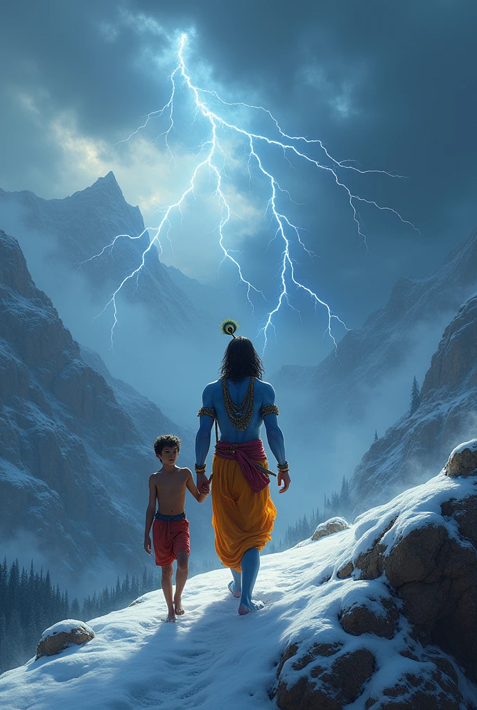 Recreate an image of Krishna walking with a young man on a snowy mountain under a clouded and lightning sky.