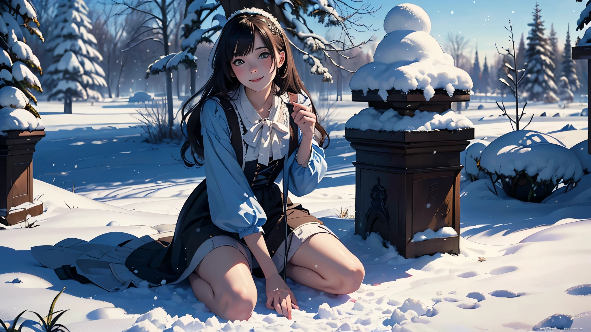 ((masterpiece,best quality,ultra detailed,ultra high res)), (mastepiece, Best Quality, Ultra-detailed, Photorealistic, extremely delicate and beautiful),
Alice in Wonderland, at winter, Playing in the snow, Happy smile, Very beautiful girl, correct facial features, detailed image of a girl