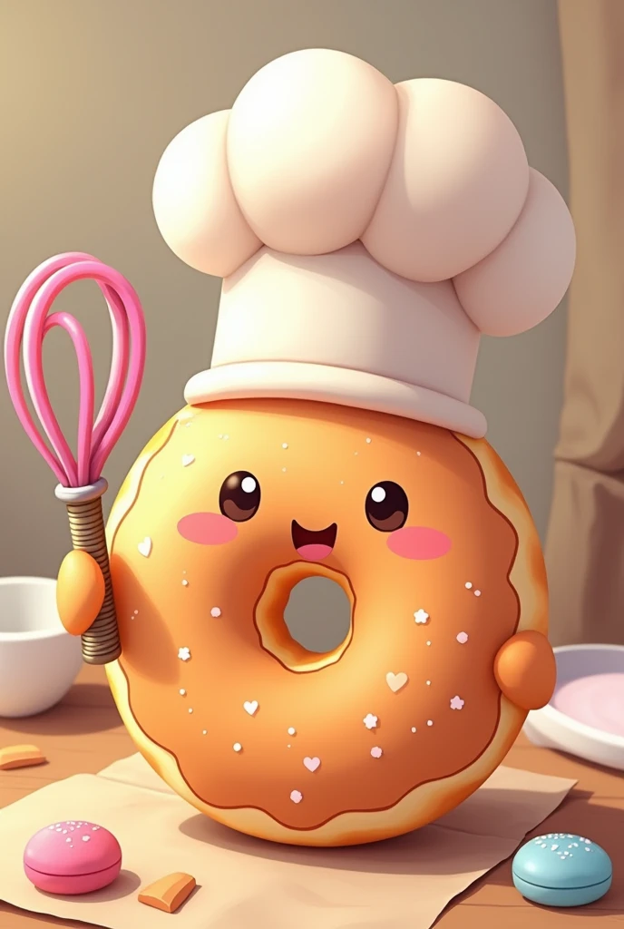 A kawaii donut wearing a chef hat and holding a balloon whisk in its hand and a bowl