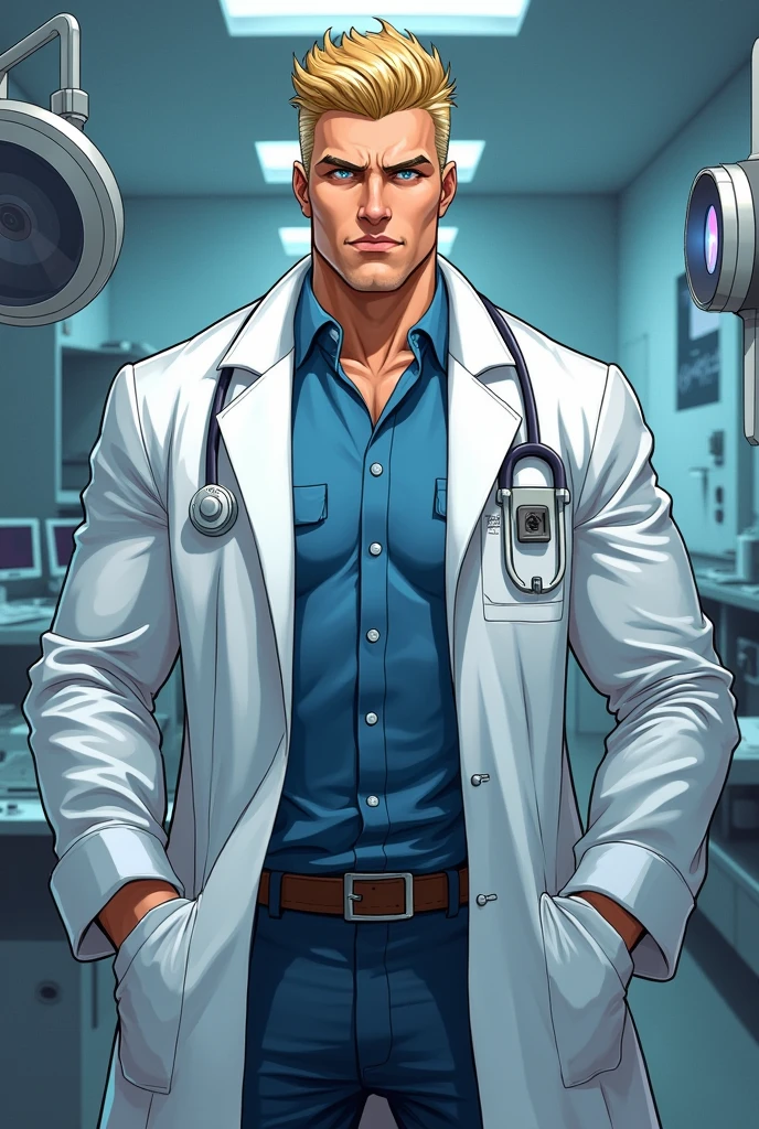 Blonde haired man, blue colored eyes, brawny, doctor, em 2d