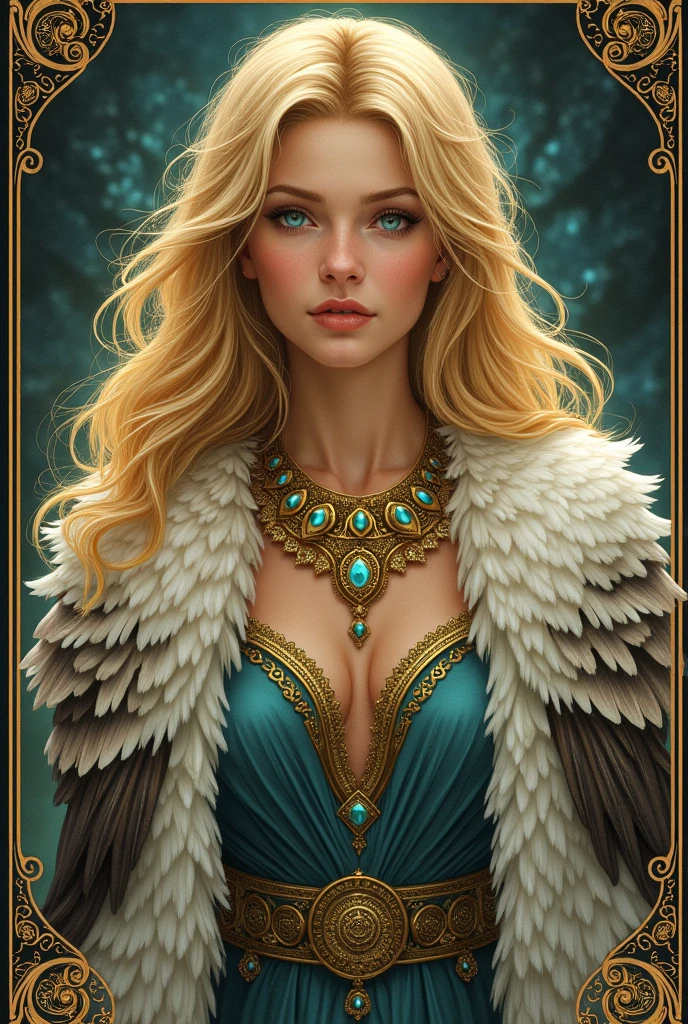 Illustration of the Norse goddess Freyja, cloak made of falcon feathers, elaborate Viking necklace of gold and jewels. Tarot card style.