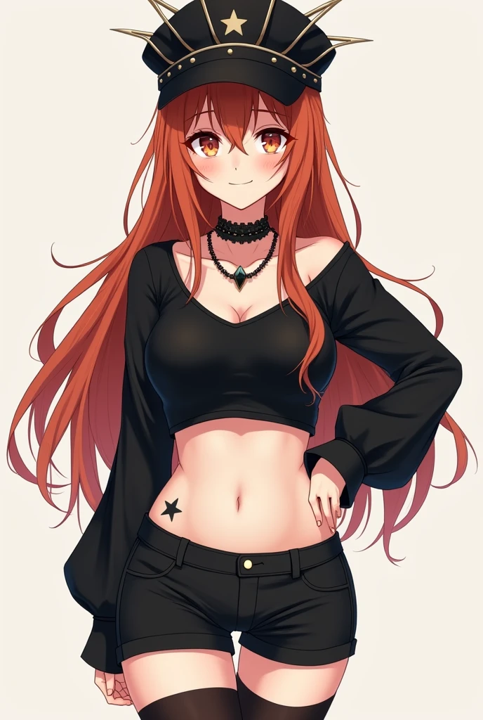 Anime girl icon, slim, ghost white skin, conceited face, long copper red hair, star tattoo, black cap with thorns, black necklace, black top with long sleeves, short black shorts and black tights
