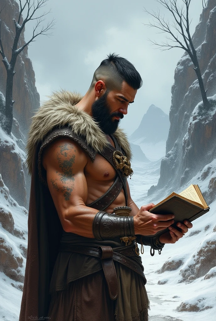Bronze age man with short hair on top and short sides warrior reading the Bible in the cold