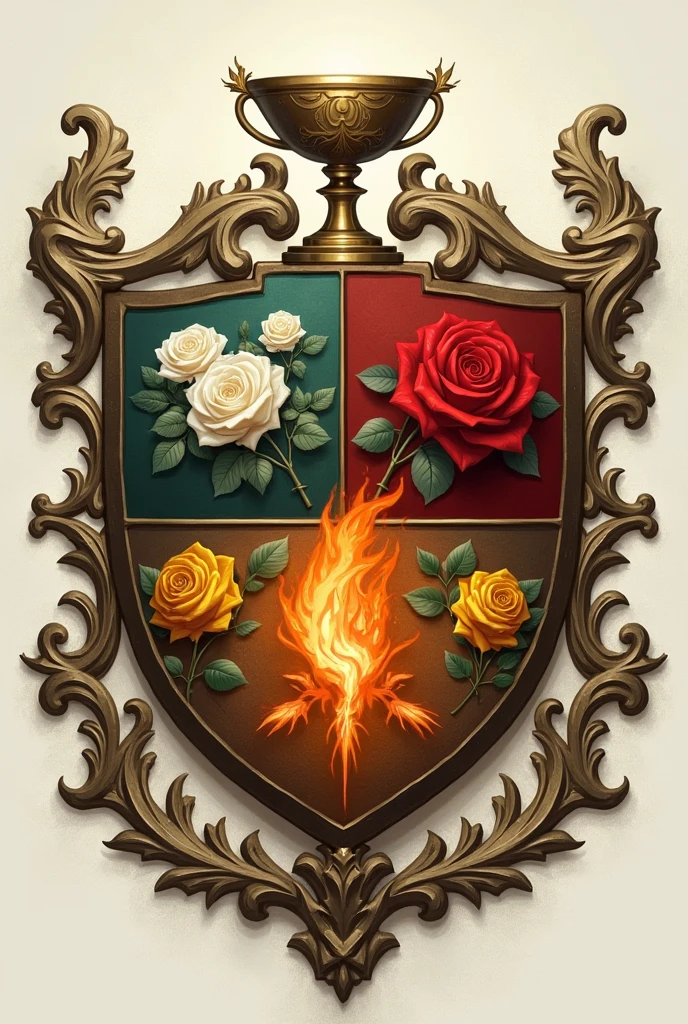 I want a coat of arms, below this Coat of Arms must contain the name DEIVIDI. The coat of arms must be divided into four parts: in the first part it must contain a chalice, in the second part there must be three roses, a white, one red and one yellow, in the third part there must be a soul enveloped in flames symbolizing the suffering of purgatory and in the fourth part there must be a men's sandal.