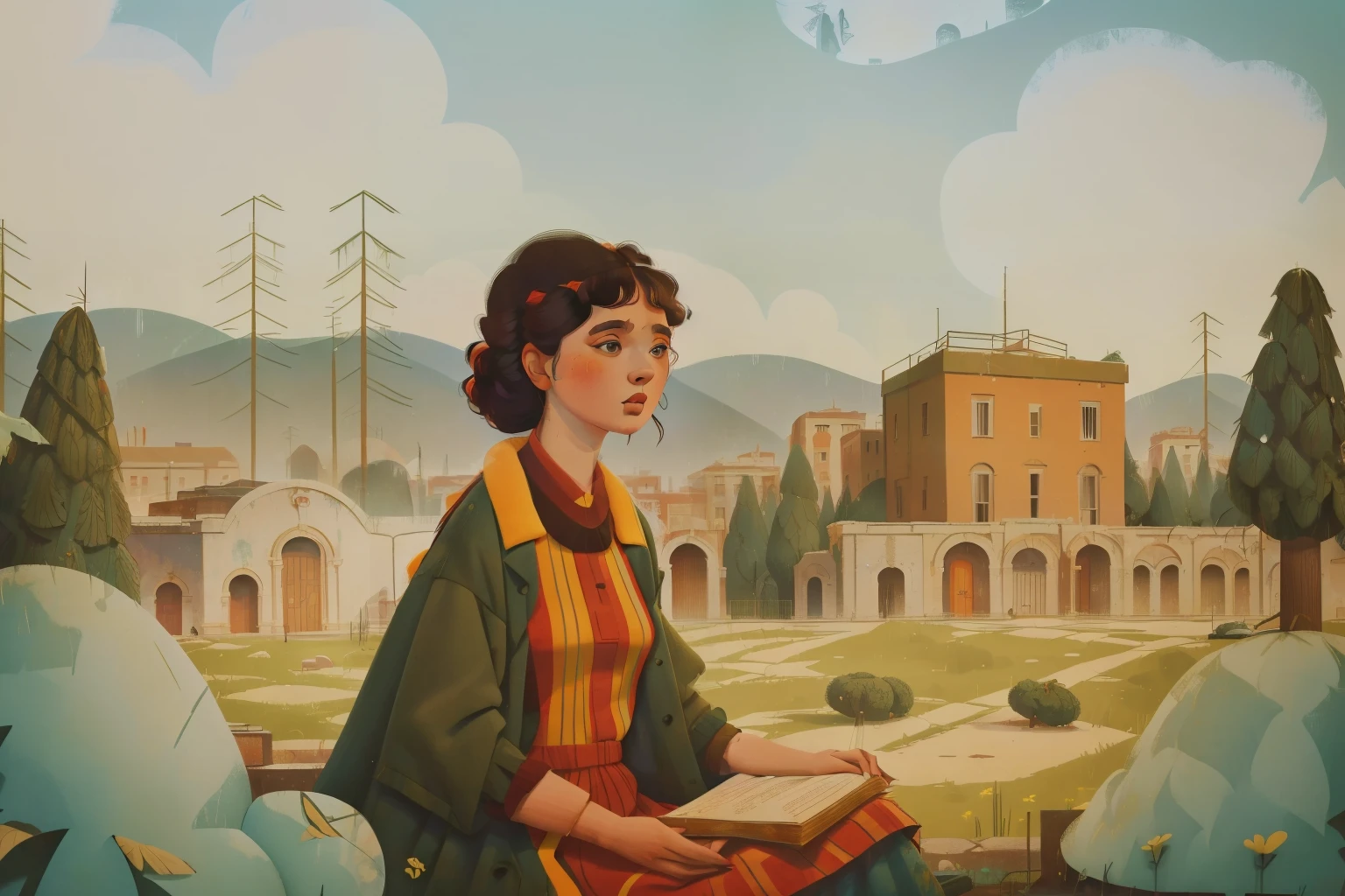 1965, Italy. Pre-raphaelite (((()) Momo)), homeless girl, messy short curly hair, oversized coat, ((happiness expression)), in a roman anphitheatre, ruins, pinetrees in the distance, ((((big and unkempt Clothing from the 1960s)))), ((curly Hairstyle of the 1960s)), ((Wes Anderson cinematic style)), colorful