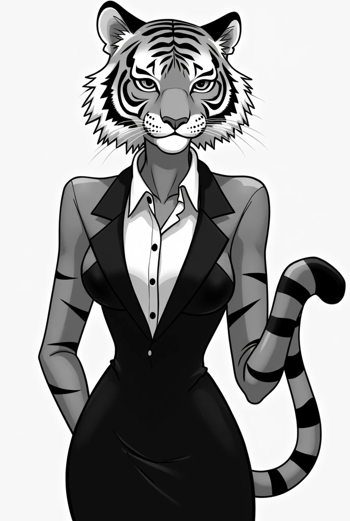 Female antrophomorphic  Tiger girl tuxedo dress Disney art style in black and white serious look