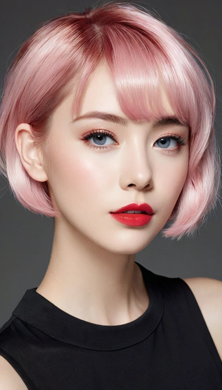 Caucasian female, ((short light pink hair)) de biquine, clear eyes, red lipgloss stick