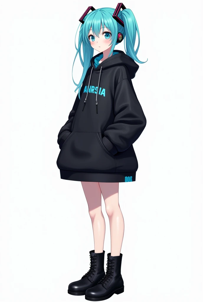 ((masterpiece, Hatsune Miku, Vocaloid, with a black hoodie with cyan up to the knees, with black boots, casual standing pose, With a white background