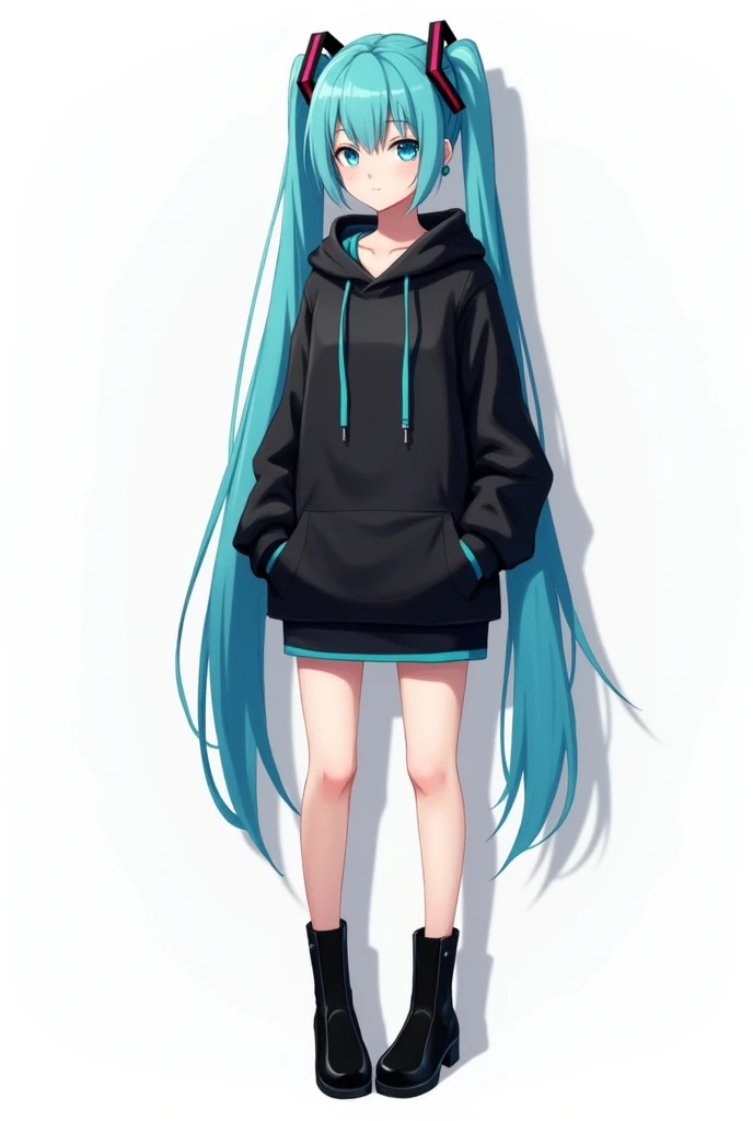 ((masterpiece, Hatsune Miku, Vocaloid, with a black hoodie with cyan up to the knees, with black boots, casual standing pose, With a white background
