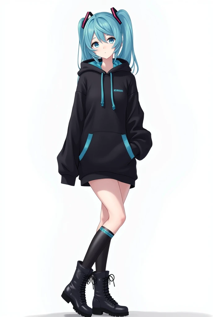 ((masterpiece, Hatsune Miku, Vocaloid, with a black hoodie with cyan up to the knees, with black boots, casual standing pose, With a white background