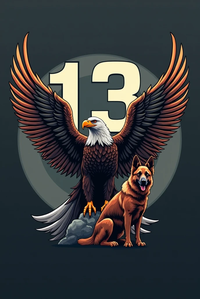 A logo containing an eagle, a German Shepherd and a number 13