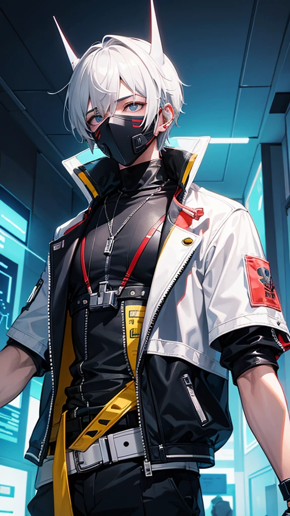 Aesthetic body boy with teeth mask and empty eyes praying , cyberpunk