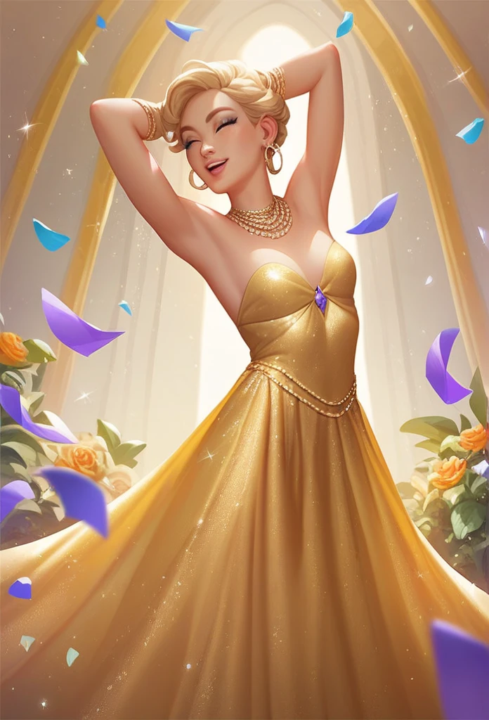 girl, young thin girl , is wearing a luxurious short golden dress. is at a party. dancing