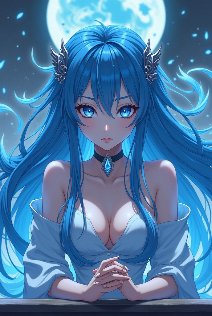 Woman, Japanese anime style, goddess, blue hair, fierce aura, ice, death, sitting on table, close up, ultra high resolution, 8k, 2d image