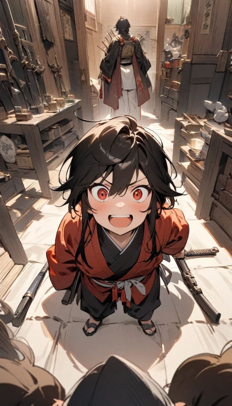 A scene where a samurai lord, resembling Oda Nobunaga, is surrounded by several matchlock guns laid out before him. He is leaning forward eagerly, examining the weapons with a delighted expression, almost like a child who has just received a new toy. His posture is casual, and there’s a sense of unguarded excitement as he gestures animatedly to his advisors. The room is a mix of traditional Japanese and Western influences, highlighting the novelty of the moment.