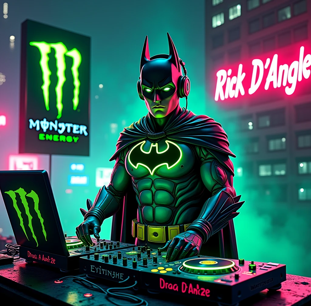 manga comic cartoon of a fluorescent green-black color batman dj , add monster energy logo , and add the text ¨Rick D´Angle ¨ to the image , totaly night view photo with ultra open wide lens photo technic
