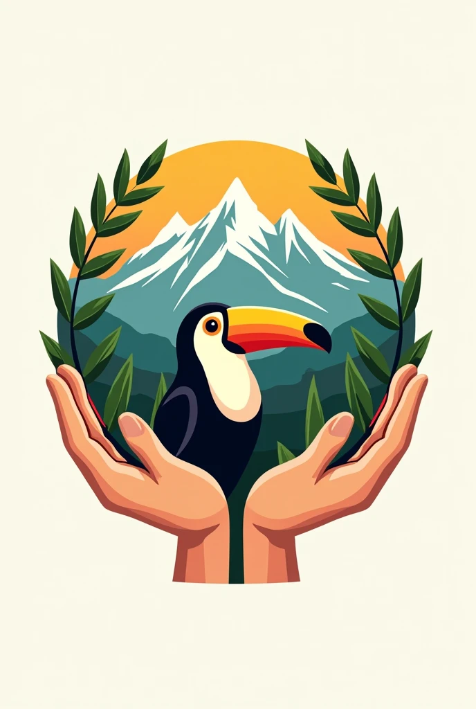 Create a logo for the company ASOTURCOM VSM, with the following characteristics: A toucan, mountains, Olive branch, hands, company name ASOTURCOM VSM