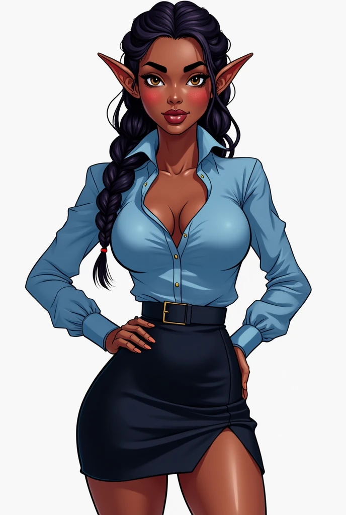 Clipart of dark woman's corporate dressing. Blue shirt and decent black skirt in braids, elf ears, cleavage, thigh, short skirt, sexy