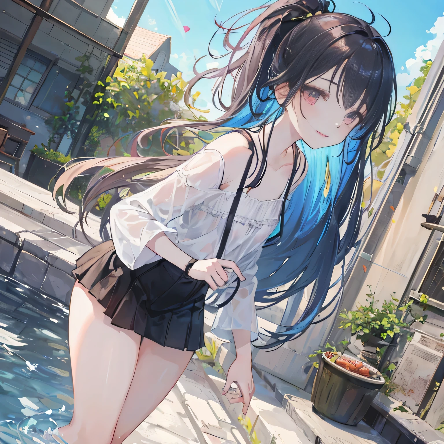 Beautiful woman, cute, A dignified expression, smile, Fleeting Expression, Transparency, ponytail, Forward Shorthair, Black Hair, Blue Hair, Silver Hair, flower, Cool, Clear sky, The wind is blowing, Gradient Hair, Ray Tracing, reflected light, Anime Style, masterpiece, Highest quality, Anatomically correct, Accurate, Super Detail, High resolution, Pink Lips, White skin, The face is facing straight ahead, not turning left or right, Head to leg, naked, lingerie, underwear, hot spring, Change of clothes, bath towel, lure