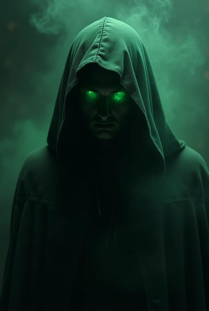 (photorealism:1.2), dark phantasy setting, man in hood, hood hides face, shadow on face, green smoke from eyes, dark atmosphere, gloomy atmosphere, black and dark green colors