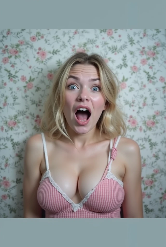 young woman, confused and excited, panting with orgasm, very excited, unexpected, Sclera, (family photo album) 90s 1990s homemade clumsy amateur, round sexy breast, unprofessional, homemade, pores, (no-makeup), just woke up, pajama sexy, (hardnipples) sensual orgasm