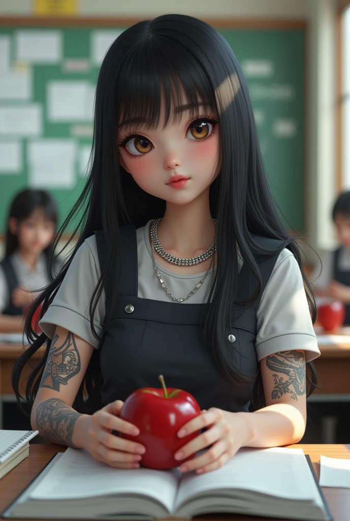 Full View 8K, a white female sitting in a classroom, A natural white female, with sleek straight black hair, lashes, diamond chain, tattoos, plump lips, flawless eyebrows, wearing a school uniform, sitting at a desk eating an apple, with notebooks the desk