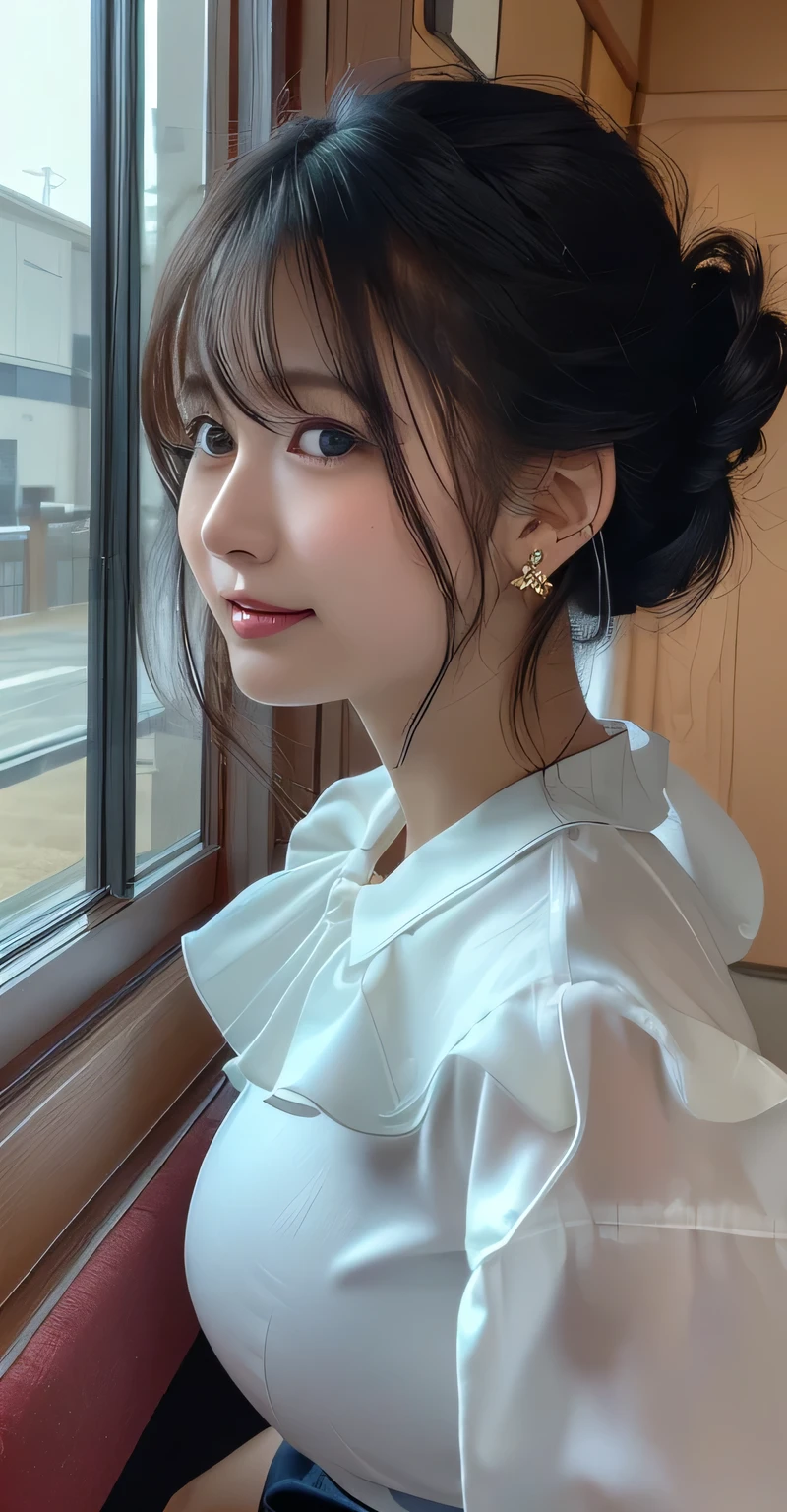 (8k,RAW Photos,Like the picture:1.45),masterpiece,Highest quality,wonderful,(Sexy Mature Woman:1),(Mature very cute woman:1.3), (2. Women.1.3)、(((very, Very large breasts)))、(((Extremely lewd and very huge boobs))、(((Very deep valley)))、Hyper Real、She is a々In a quiet office、A beautiful and elegant smile、beautiful white skin、beautiful, Delicate and precise skin texture、Long, fluffy, beautiful black hair(updo:1.45)、beautiful Japanese Women、(BIG ASS)、Thick thighs、Bright red lips、Gold small star-shaped earrings、{Dark royal blue suit((White blouse))},