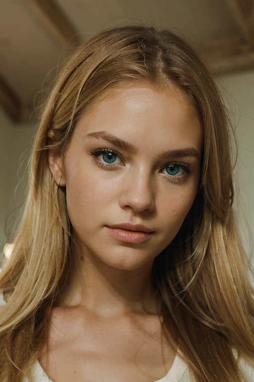 A close up woman with straight dirty blond hair and emerald green eyes