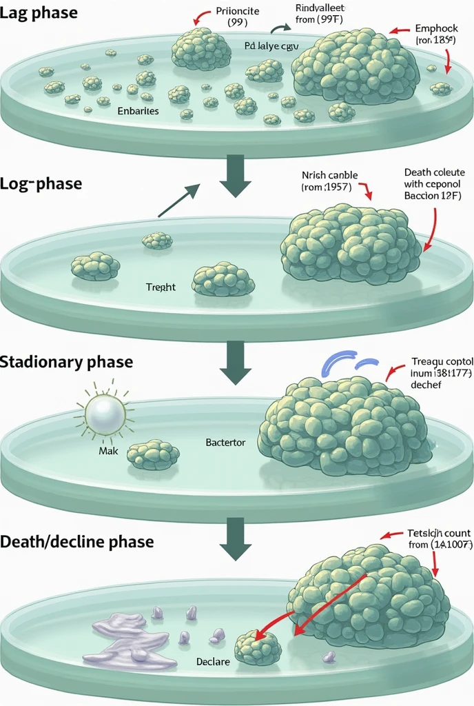 Draw the cycle of growth of bacteria  and name every drawing of lag phase log phase or logarithmic phase and stationary phase death and decline phase 