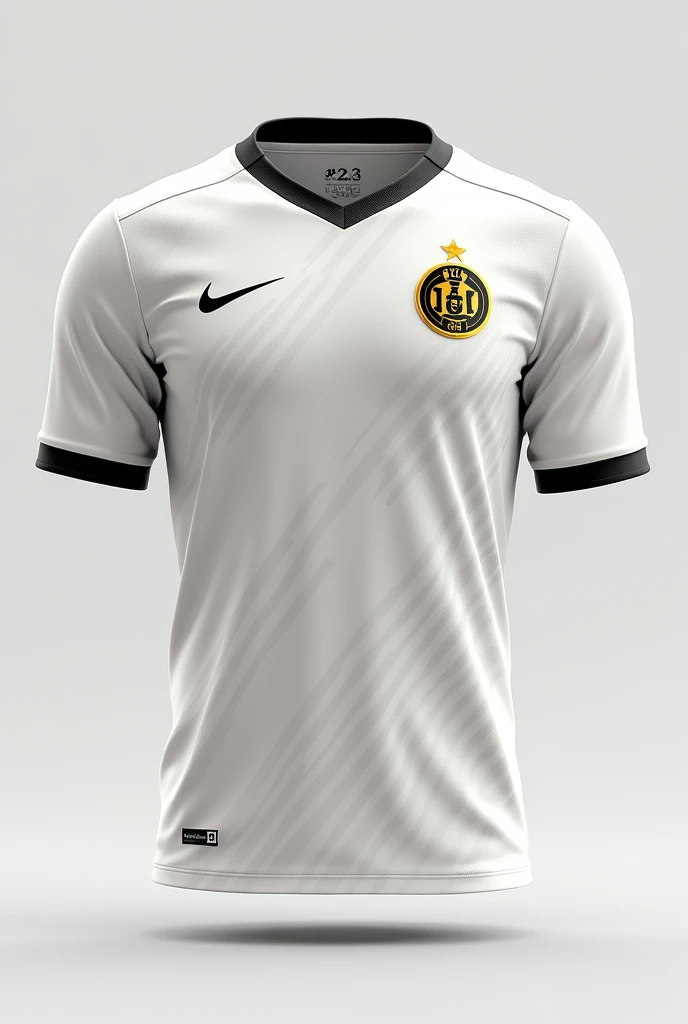 soccer team uniform with white colors, black and gold:
chemise:
Base: White with a subtle diagonal or geometric stripe pattern in a lighter shade of white for texture.
detaileds: Black collar and sleeve cuffs with gold detail.
emblem: Placed on the left side of the chest, em black and gold.
Number and Name: In black with gold outline to highlight.